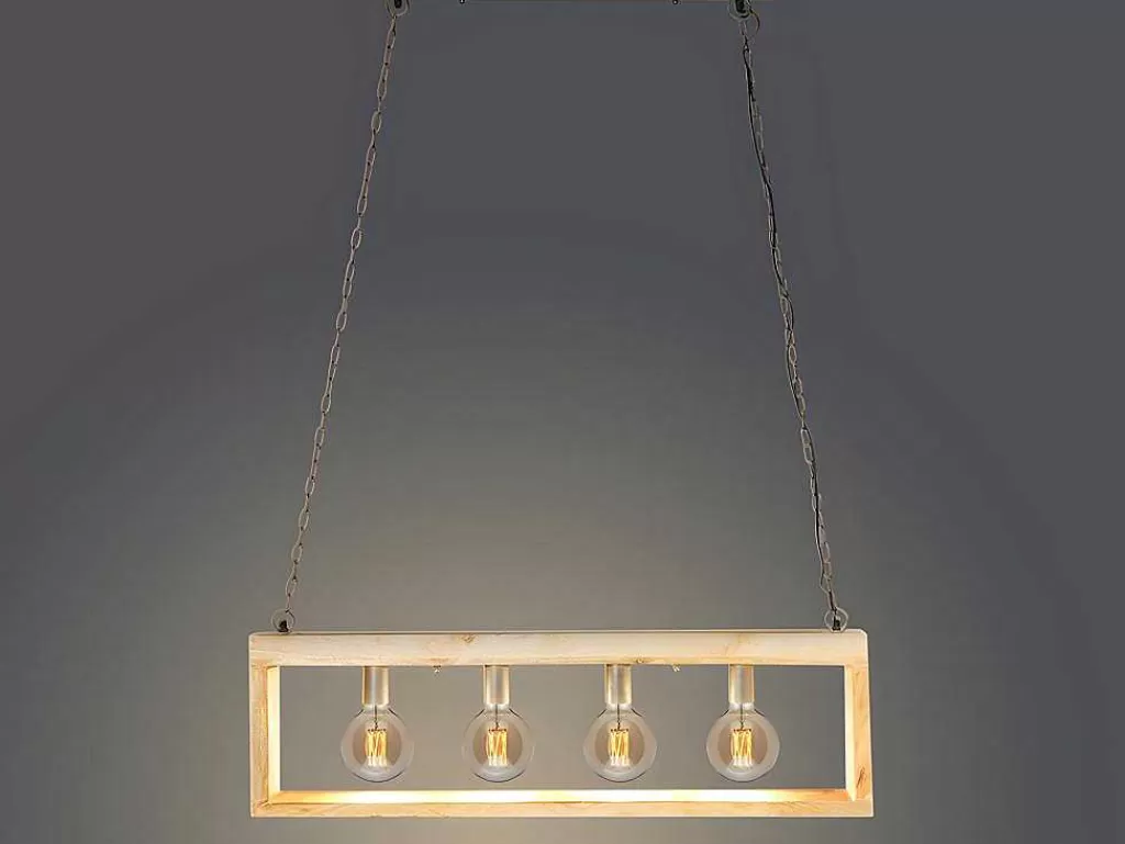 Candeeiro Suspenso*OZAIA Candeeiro De Teto Industrial Estrutura Retangular Em Madeira Madeira E Metal - 4 Lampadas - A. 31 X C.100 Cm - Natural E Preto - Olius