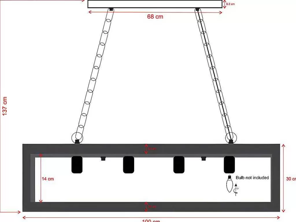 Candeeiro Suspenso*OZAIA Candeeiro De Teto Industrial Estrutura Retangular Em Madeira Madeira E Metal - 4 Lampadas - A. 31 X C.100 Cm - Natural E Preto - Olius