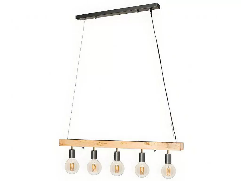 Candeeiro Suspenso*Vente-unique Candeeiro De Teto Viga De Madeira 5 Lampadas Estilo Industrial Madeira E Metal - A. 17,5 X C.100 Cm - Natural E Preto - Julbo