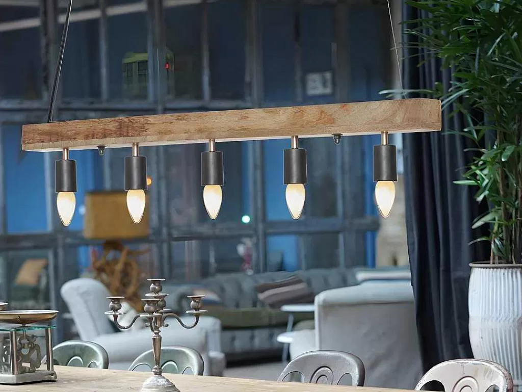 Candeeiro Suspenso*Vente-unique Candeeiro De Teto Viga De Madeira 5 Lampadas Estilo Industrial Madeira E Metal - A. 17,5 X C.100 Cm - Natural E Preto - Julbo