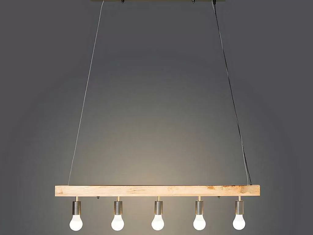 Candeeiro Suspenso*Vente-unique Candeeiro De Teto Viga De Madeira 5 Lampadas Estilo Industrial Madeira E Metal - A. 17,5 X C.100 Cm - Natural E Preto - Julbo