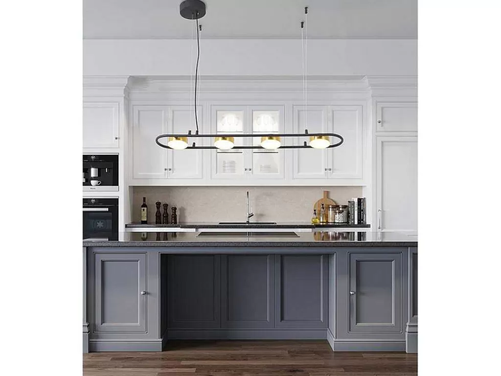 Candeeiro Suspenso*OZAIA Candeeiro Suspenso Com Leds Metal E Aluminio, 4 Focos, L85 Cm Preto E Dourado - Grimbsy