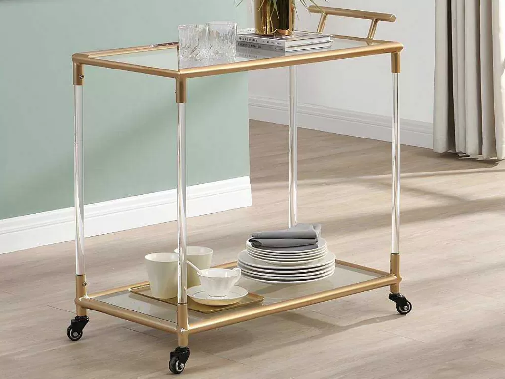 Móvel De Cozinha*Vente-unique Carrinho De Cozinha Com Rodas Tampo Duplo Em Vidro Temperado E Metal Transparente E Dourado - Orula