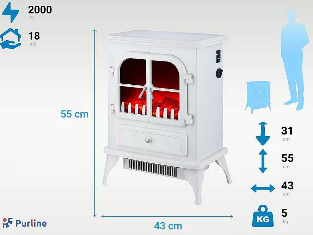 Lareira Elétrica*Purline Cheminee Electrique Au Sol 2000W Style Retro En Acier Laque Blanc
