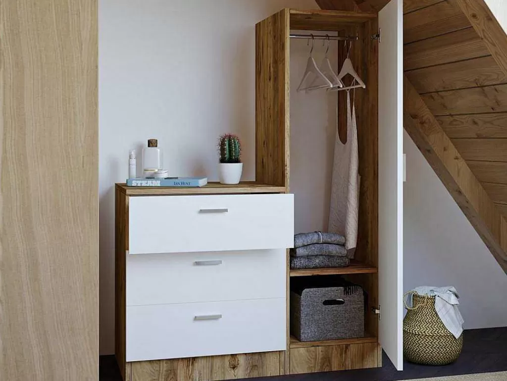 Armário E Roupeiro*Vente-unique Cómoda 3 Gavetas Com Armário E Espelho Branco E Natural - Vitorio