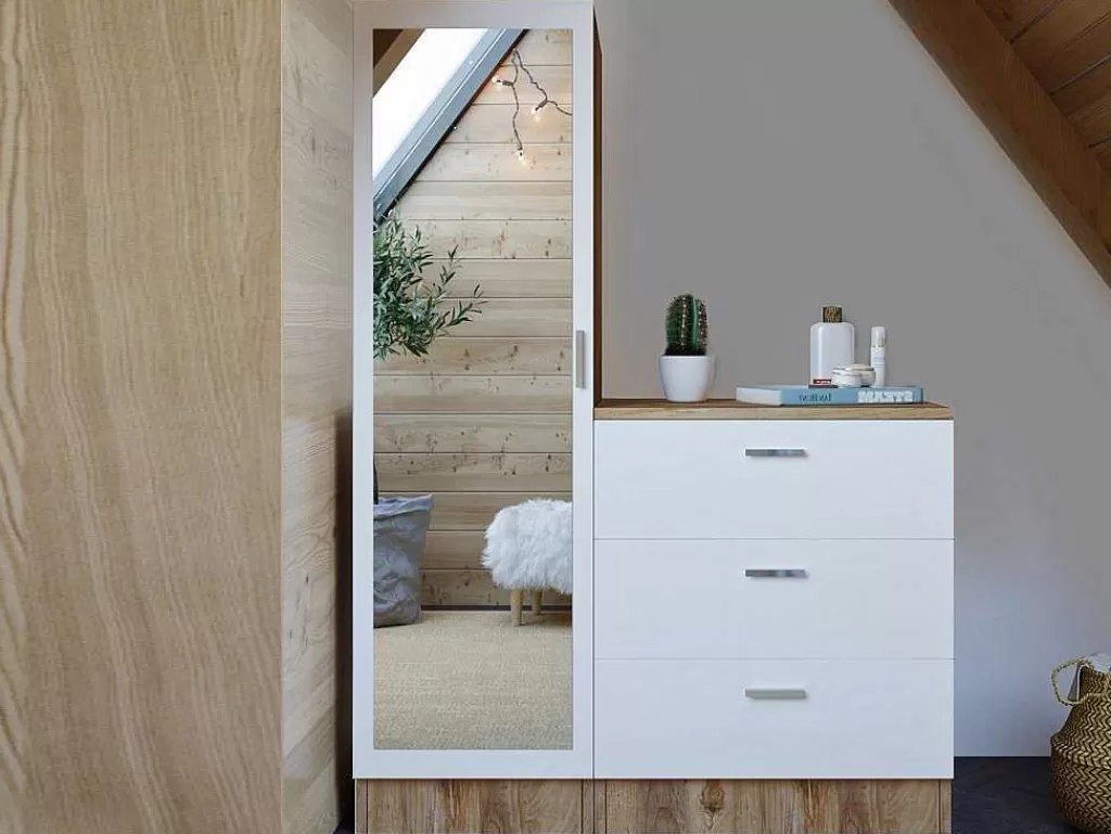 Armário E Roupeiro*Vente-unique Cómoda 3 Gavetas Com Armário E Espelho Branco E Natural - Vitorio