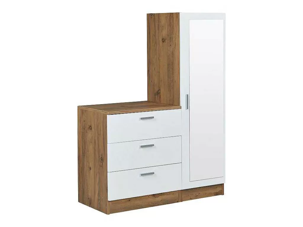 Armário E Roupeiro*Vente-unique Cómoda 3 Gavetas Com Armário E Espelho Branco E Natural - Vitorio