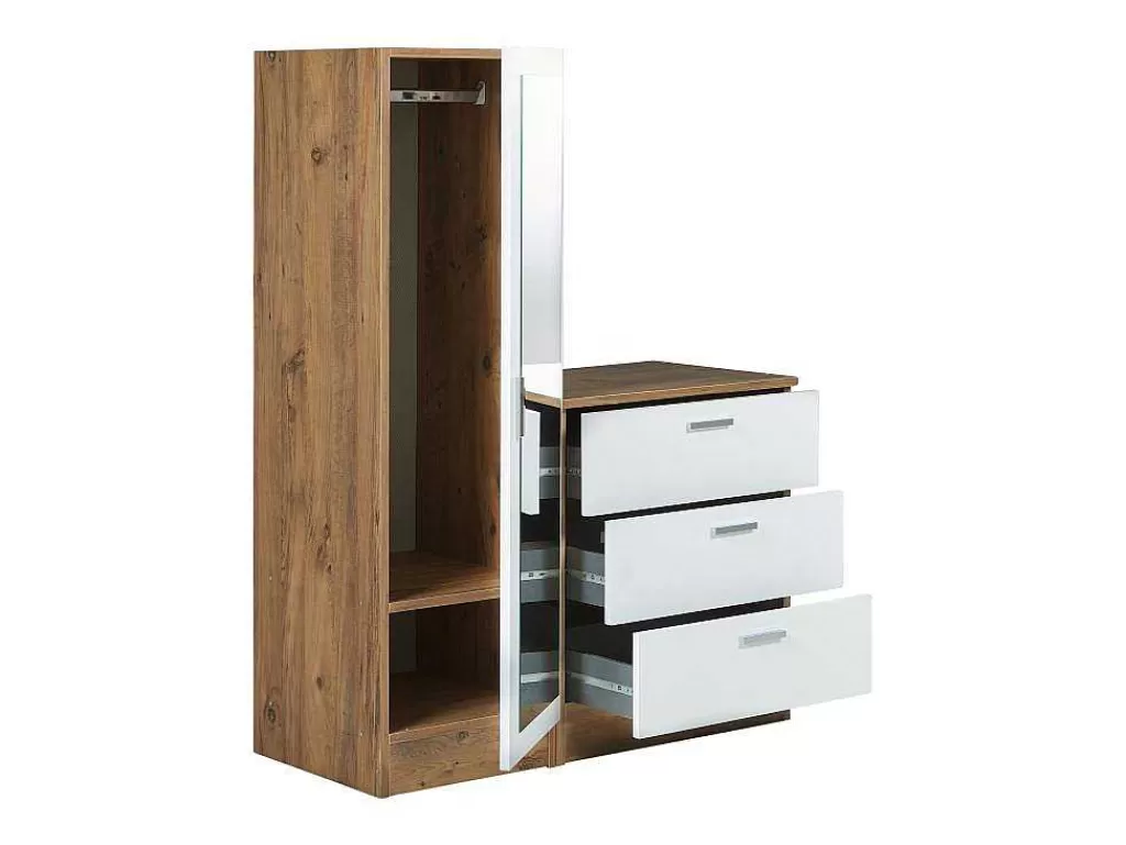 Armário E Roupeiro*Vente-unique Cómoda 3 Gavetas Com Armário E Espelho Branco E Natural - Vitorio