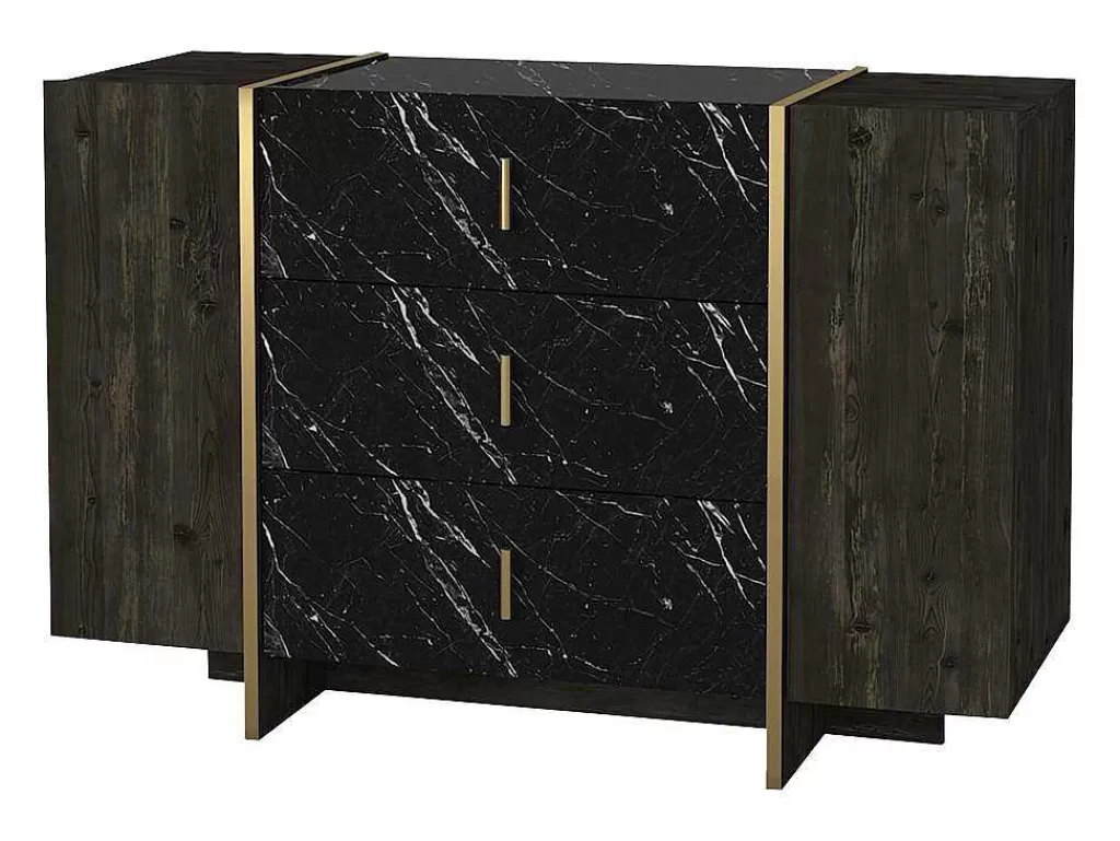 Cómoda*Vente-unique Cómoda 3 Gavetas E 2 Porta Efeito Marmore Preto, Natural Escuro E Dourado - Cadeba