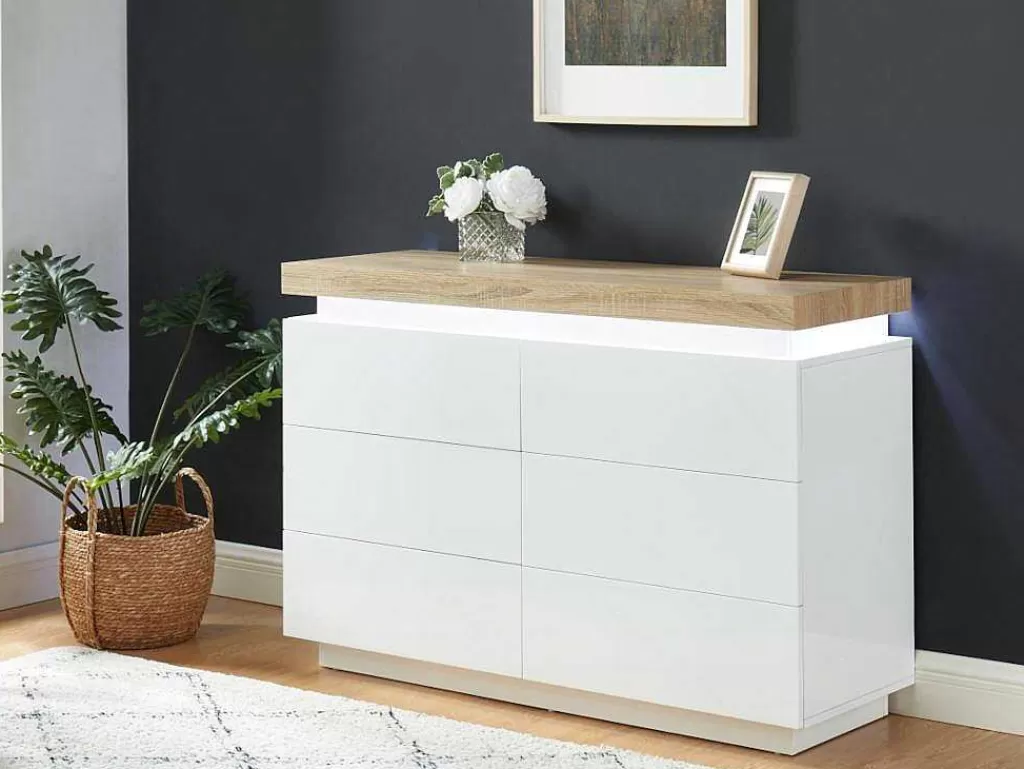 Cómoda*Vente-unique Cómoda 6 Gavetas - Mdf Lacado - Com Leds - Cor: Branco E Carvalho - Halo Ii -