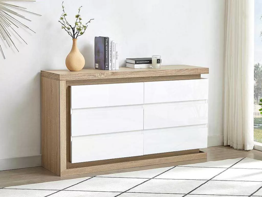 Cómoda*Vente-unique Cómoda 6 Gavetas Com Leds, Mdf Lacado A Branco E Natural - Flarancia