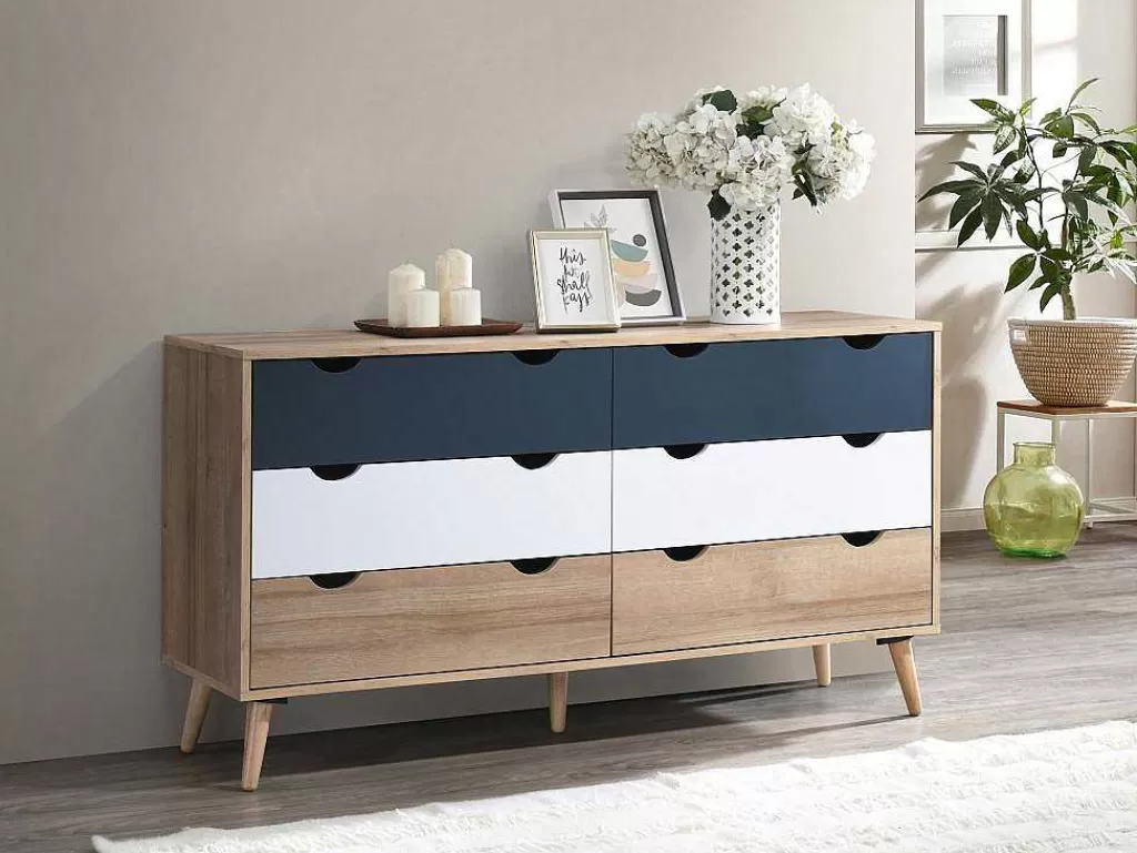 Cómoda*Vente-unique Cómoda 6 Gavetas Cor Natural, Branco E Azul-Marinho - Lurvia