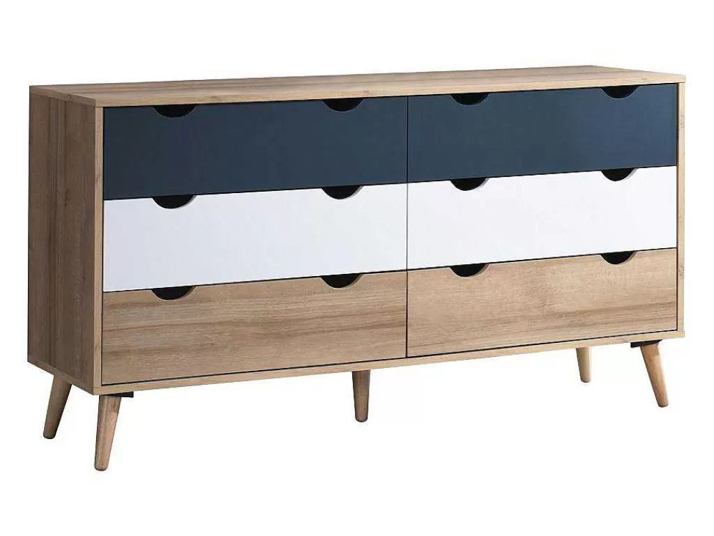 Cómoda*Vente-unique Cómoda 6 Gavetas Cor Natural, Branco E Azul-Marinho - Lurvia
