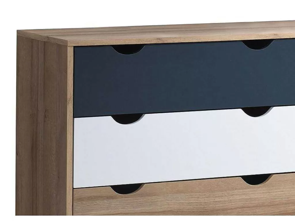 Cómoda*Vente-unique Cómoda 6 Gavetas Cor Natural, Branco E Azul-Marinho - Lurvia