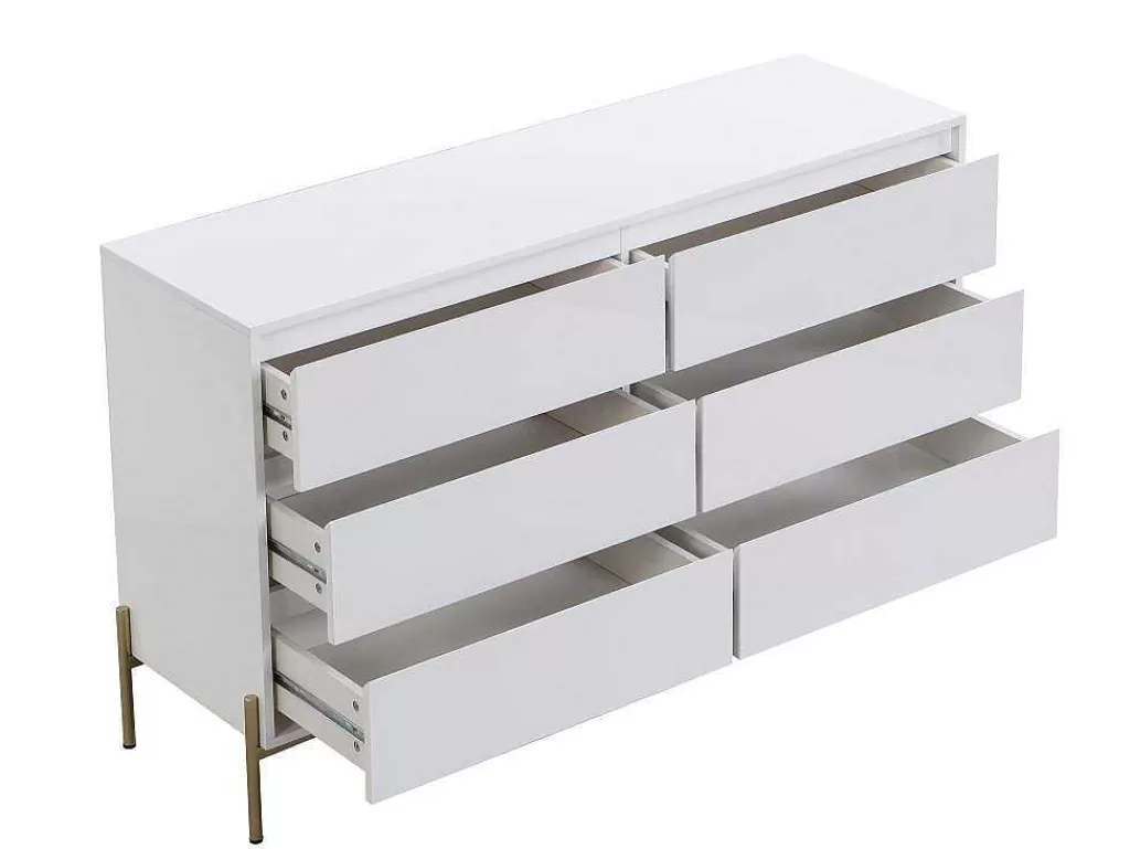 Cómoda*PASCAL MORABITO Cómoda 6 Gavetas, Mdf E Metal Lacado A Branco E Dourado - Korasa
