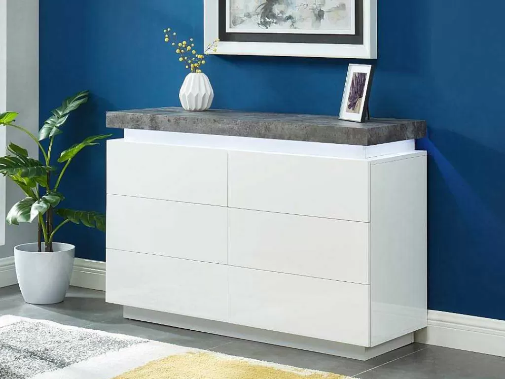 Cómoda*Vente-unique Cómoda - 6 Gavetas - Mdf Lacado - Com Leds - Cor: Branco E Cinza Cimento - Halo Ii