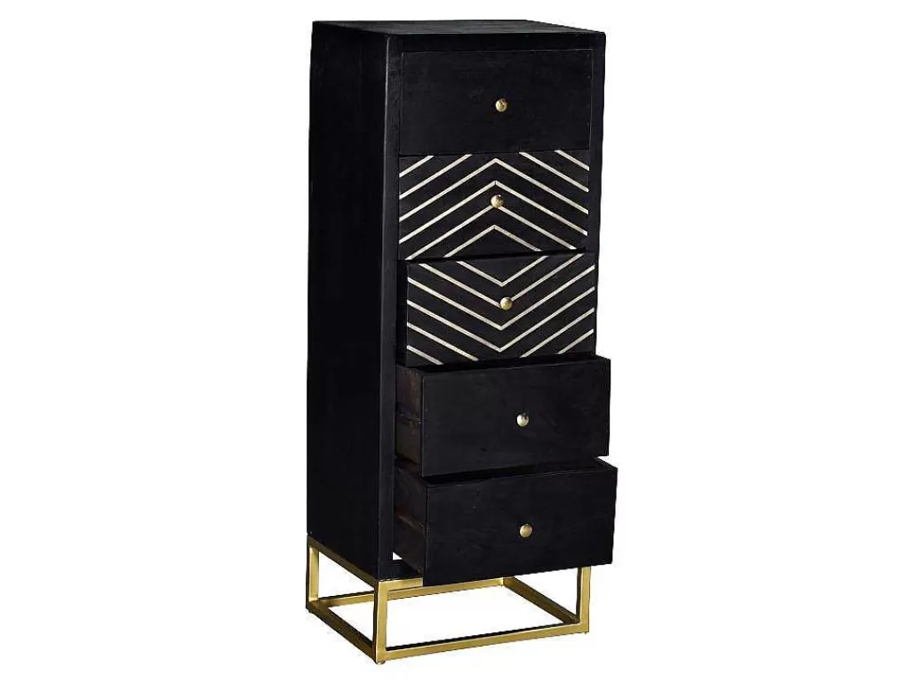 Cómoda*Vente-unique Cómoda Alta Art Deco Prismin - 5 Gavetas - Madeira De Mangueira E Metal - Preto E Dourado