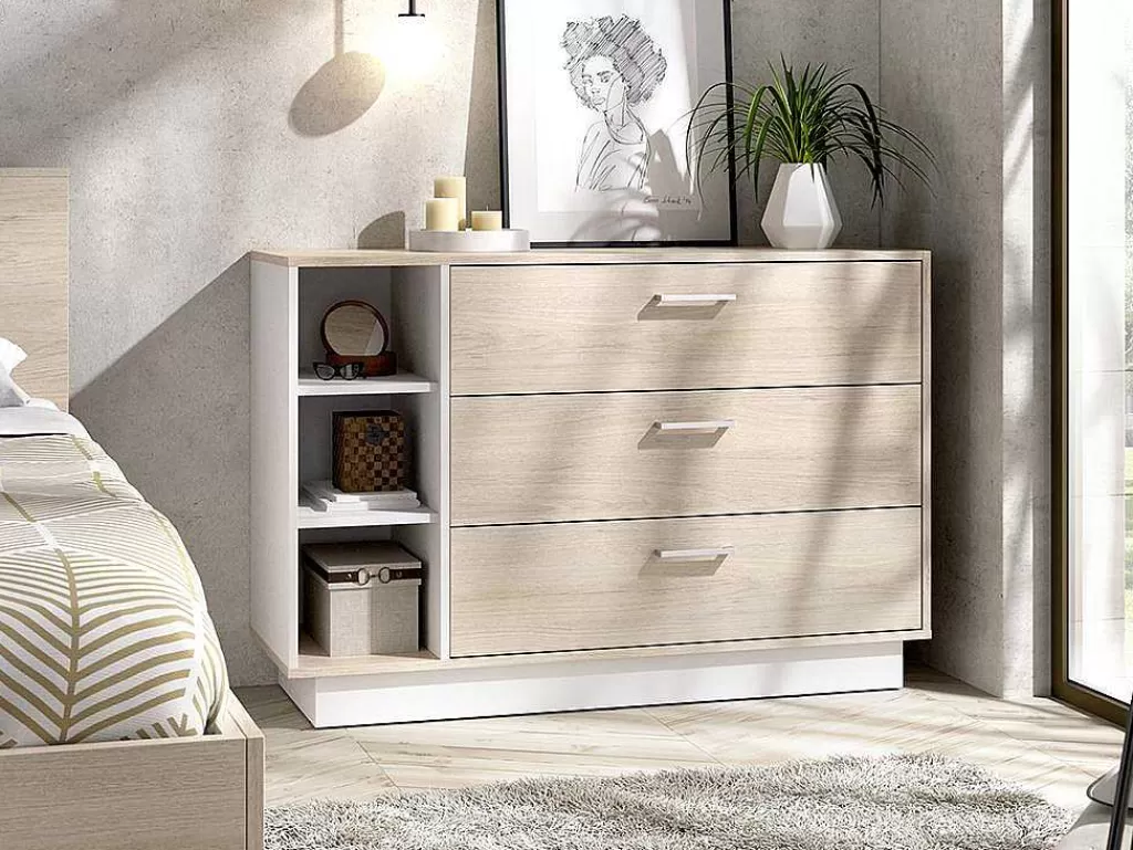 Cómoda*Vente-unique Cómoda Com 3 Gavetas E 3 Nichos Cor Natural E Branco - Leandre