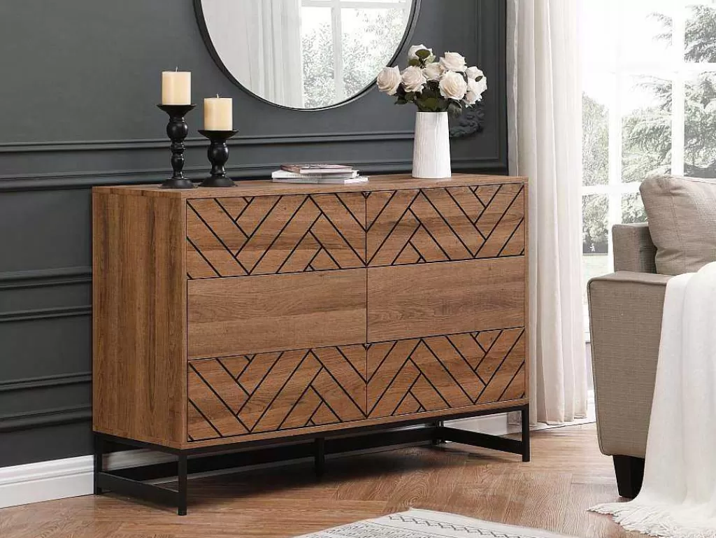 Cómoda*Vente-unique Cómoda Com 6 Gavetas Em Mdf E Aco Cor Natural E Preto - Caratana