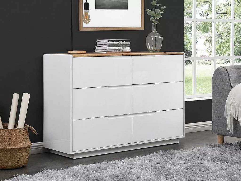 Cómoda*Vente-unique Cómoda Com 6 Gavetas Em Mdf Lacado A Branco E Cor Carvalho - Amani