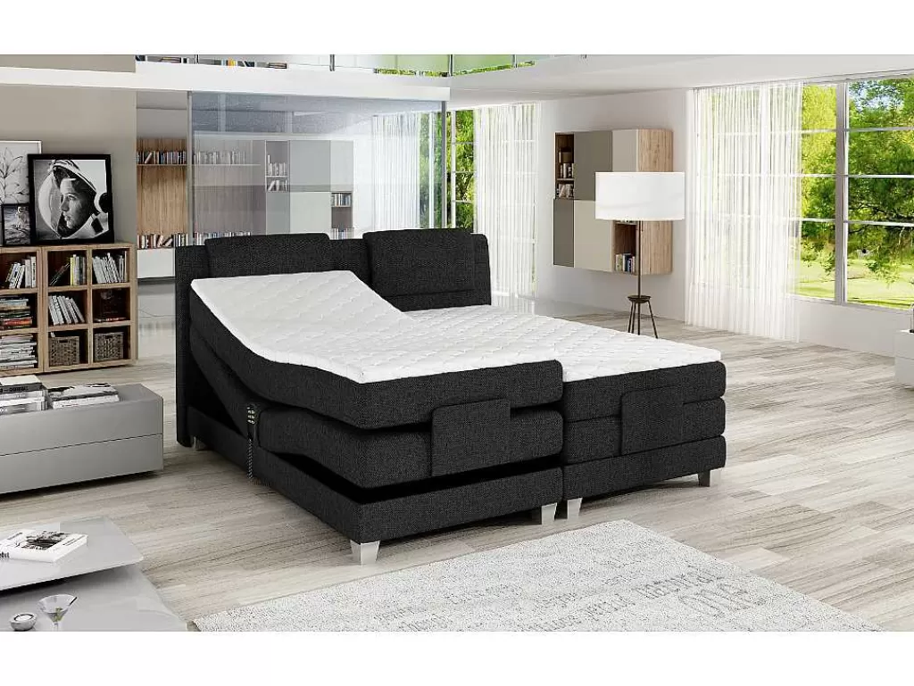 Cama Articulada*Palacio Conjunto Boxspring Cabeceira De Cama + Sommier De Relaxamento Eletrico + Colchão + Sobrecolchão Castel Da - 2X80X200 Cm - Tecido Antracite