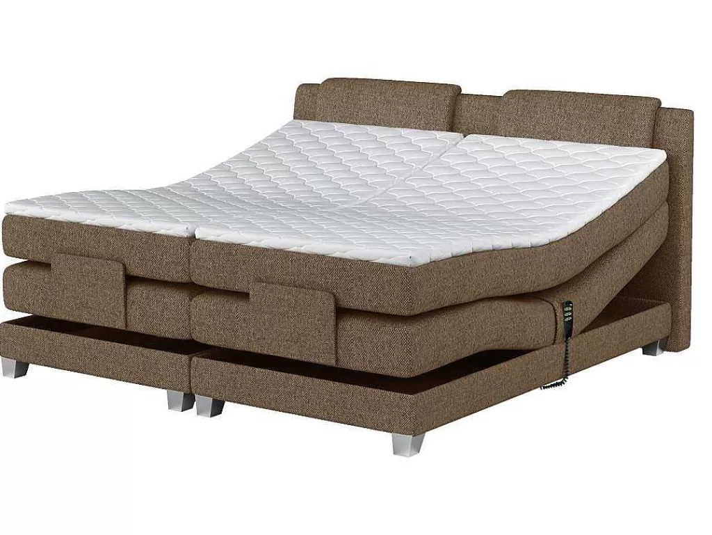 Cama De Adulto*Palacio Conjunto Boxspring Cabeceira De Cama + Sommier De Relaxamento Eletrico + Colchão + Sobrecolchão Castel Da - 2X80X200 Cm - Tecido Bege