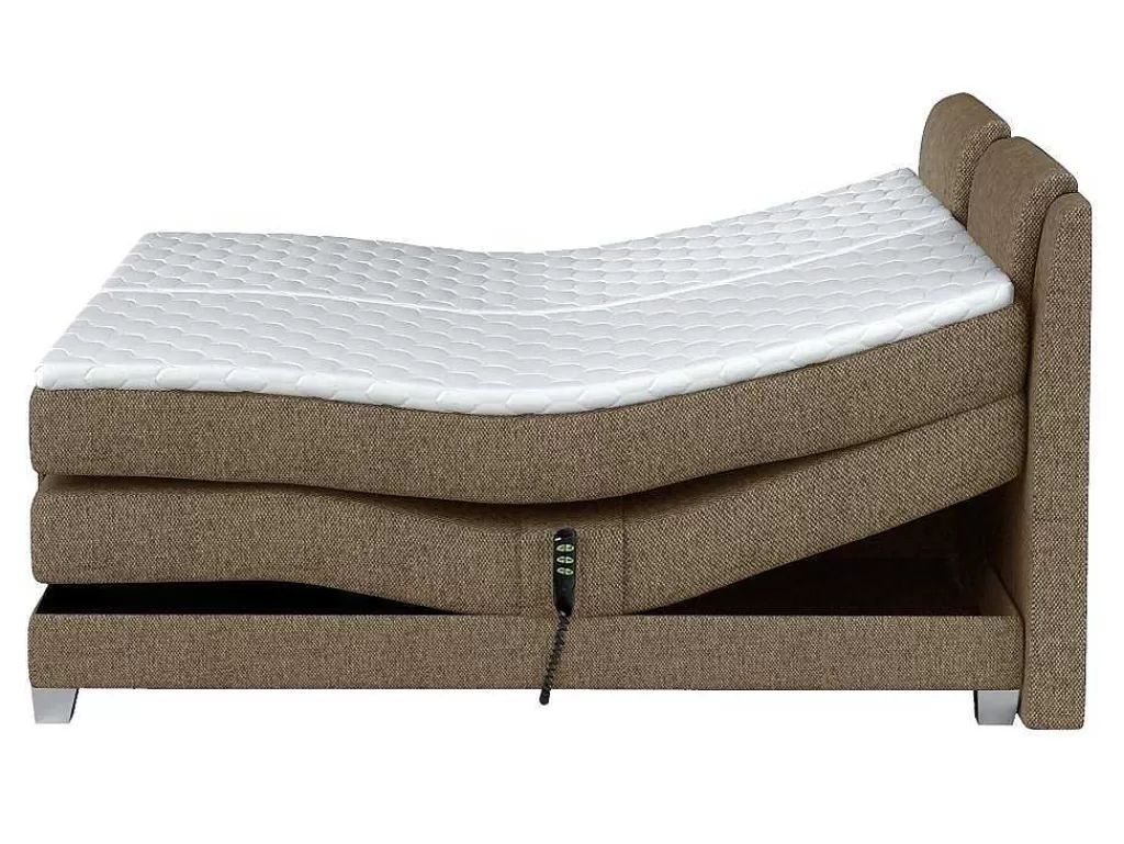 Cama De Adulto*Palacio Conjunto Boxspring Cabeceira De Cama + Sommier De Relaxamento Eletrico + Colchão + Sobrecolchão Castel Da - 2X80X200 Cm - Tecido Bege