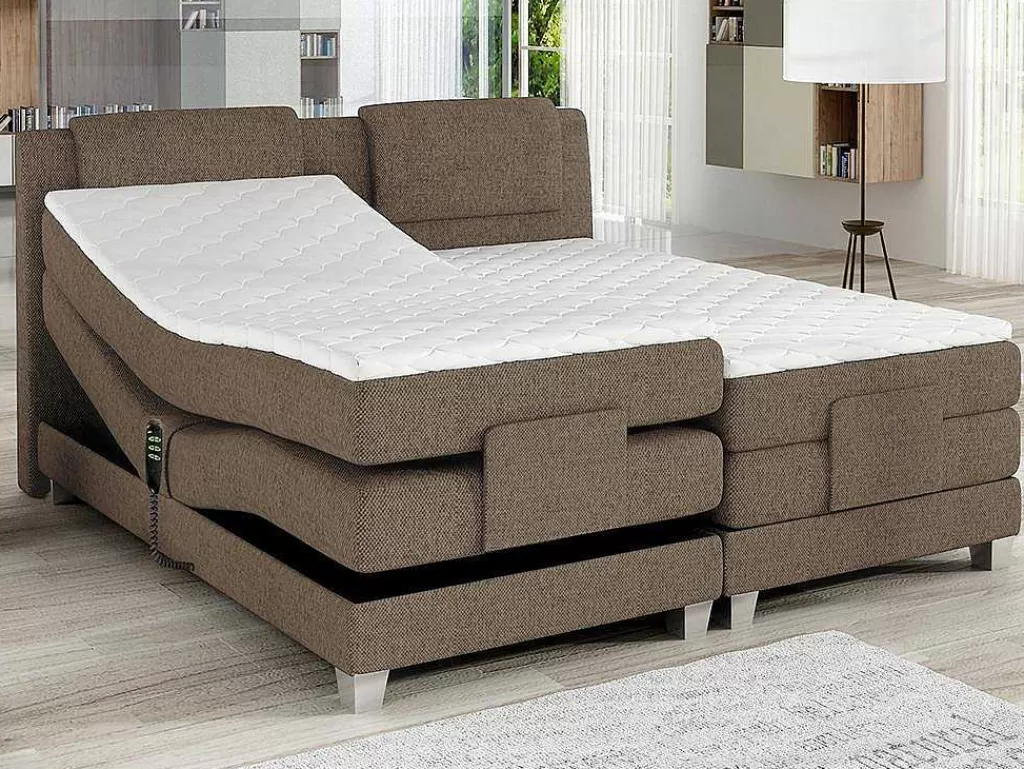 Cama De Adulto*Palacio Conjunto Boxspring Cabeceira De Cama + Sommier De Relaxamento Eletrico + Colchão + Sobrecolchão Castel Da - 2X90X200 Cm -Tecido Bege