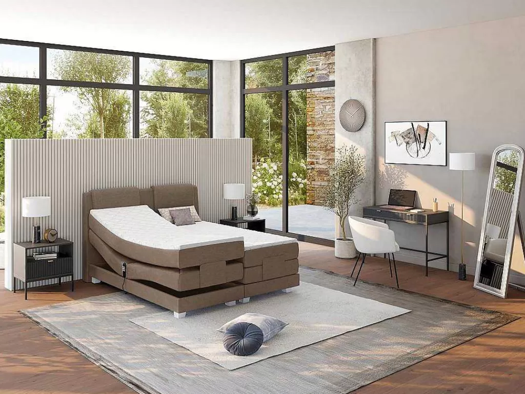 Cama De Adulto*Palacio Conjunto Boxspring Cabeceira De Cama + Sommier De Relaxamento Eletrico + Colchão + Sobrecolchão Castel Da - 2X90X200 Cm -Tecido Bege