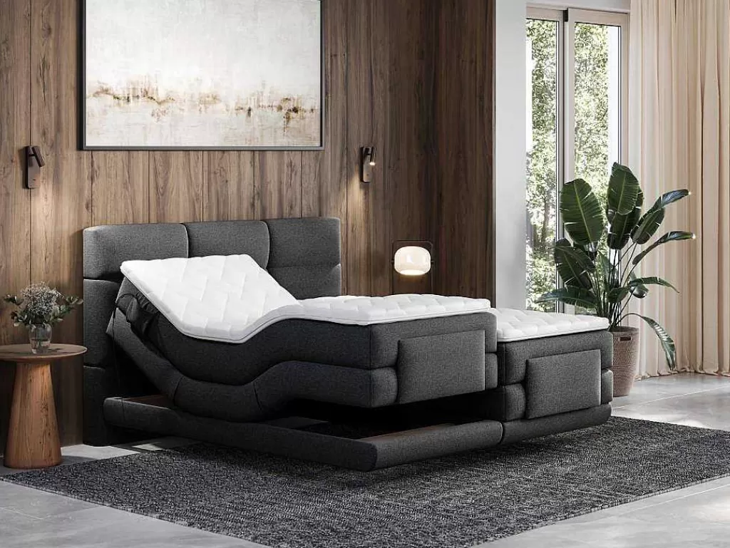 Cama De Adulto*Palacio Conjunto Boxspring Cabeceira De Cama Acolchoada, Sommier Articulado Eletrico + Colchão + Sobrecolchão 2 X 90 X 200 Cm Antracite - Lodi Da