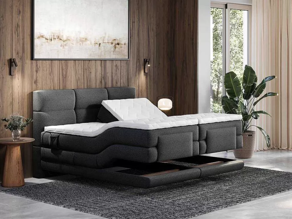 Cama De Adulto*Palacio Conjunto Boxspring Cabeceira De Cama Acolchoada, Sommier Articulado Eletrico + Colchão + Sobrecolchão 2 X 90 X 200 Cm Antracite - Lodi Da