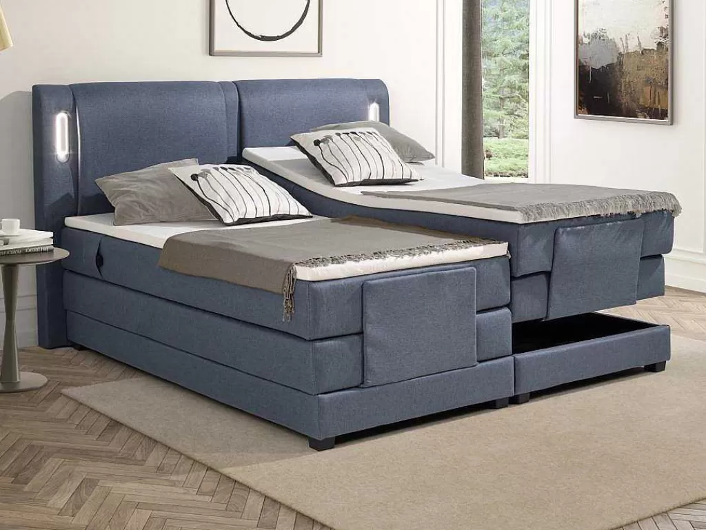 Cama Articulada*Palacio Conjunto Boxspring Cabeceira De Cama Com Leds + Sommier Articulado Eletrico + Colchão + Sobrecolchão 2 X 90 X 200 Cm Tecido Azul - Astemi Da