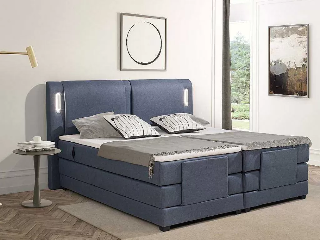 Cama Articulada*Palacio Conjunto Boxspring Cabeceira De Cama Com Leds + Sommier Articulado Eletrico + Colchão + Sobrecolchão 2 X 90 X 200 Cm Tecido Azul - Astemi Da