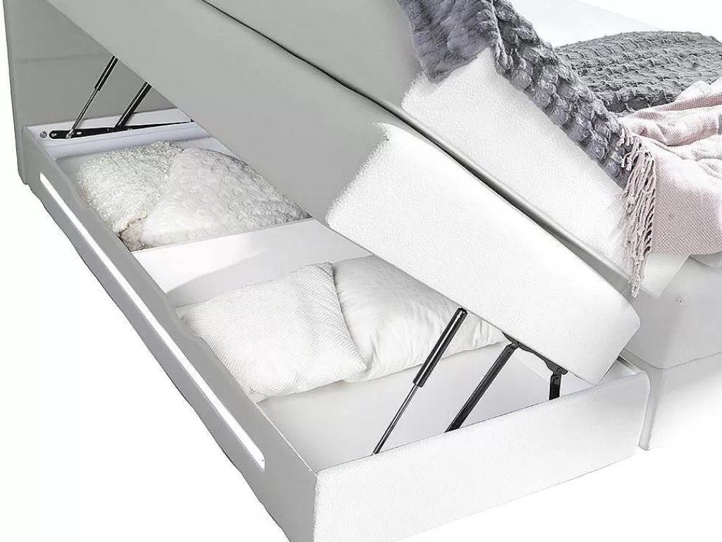 Cama Boxspring, Cama Continental*DREAMEA Conjunto Boxspring: Cabeceira, Sommier Com Arrumação, Colchão + Sobrecolchão, 160 X 200 Cm, Branco, Pele Sintética - Keros Da