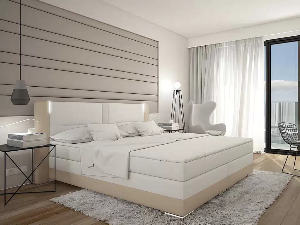 Cama Boxspring, Cama Continental*Ysmée Conjunto Boxspring Completo - Cabeceira Com Leds + Sommiers + Colchão + Sobrecolchão Asti - 160X 200 Cm - Pele Sintética - Creme E Branco