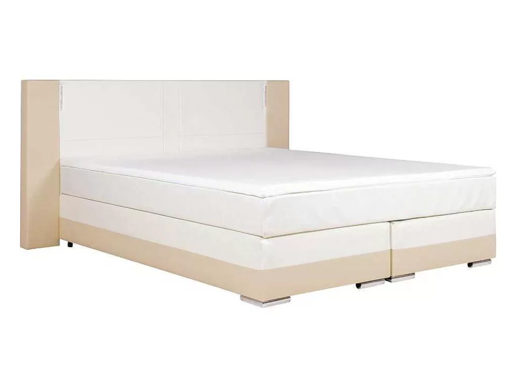 Cama Boxspring, Cama Continental*Ysmée Conjunto Boxspring Completo - Cabeceira Com Leds + Sommiers + Colchão + Sobrecolchão Asti - 160X 200 Cm - Pele Sintética - Creme E Branco