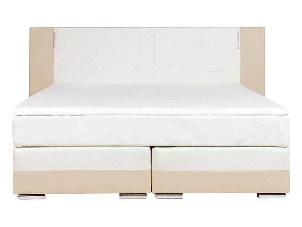 Cama Boxspring, Cama Continental*Ysmée Conjunto Boxspring Completo - Cabeceira Com Leds + Sommiers + Colchão + Sobrecolchão Asti - 160X 200 Cm - Pele Sintética - Creme E Branco