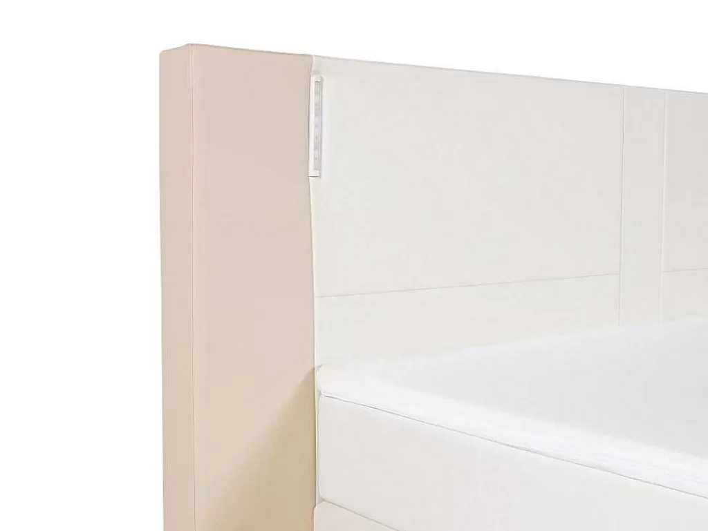 Cama Boxspring, Cama Continental*Ysmée Conjunto Boxspring Completo - Cabeceira Com Leds + Sommiers + Colchão + Sobrecolchão Asti - 160X 200 Cm - Pele Sintética - Creme E Branco