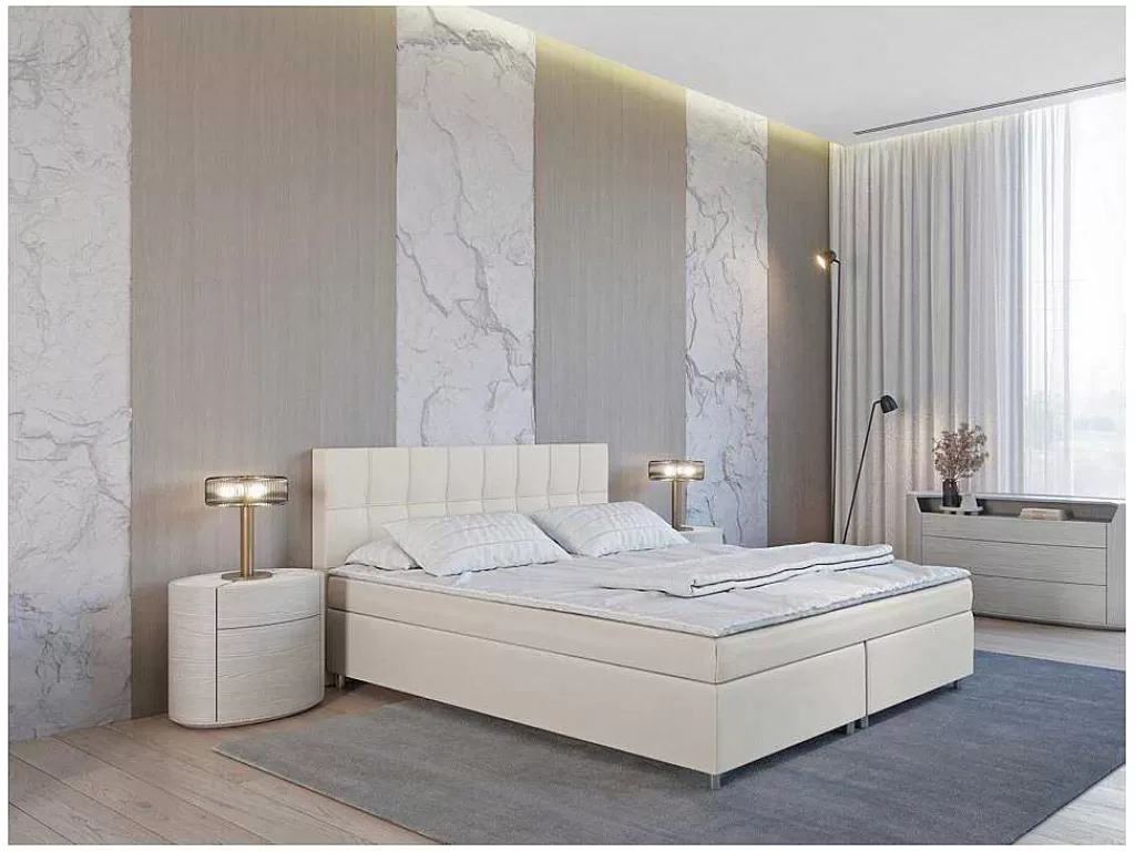 Cama Boxspring, Cama Continental*Ysmée Conjunto Boxspring Completo Cabeceira + Sommiers + Colchão + Sobrecolchão Siero Da Ysmee - 160X 200 Cm - Tecido - Marfim