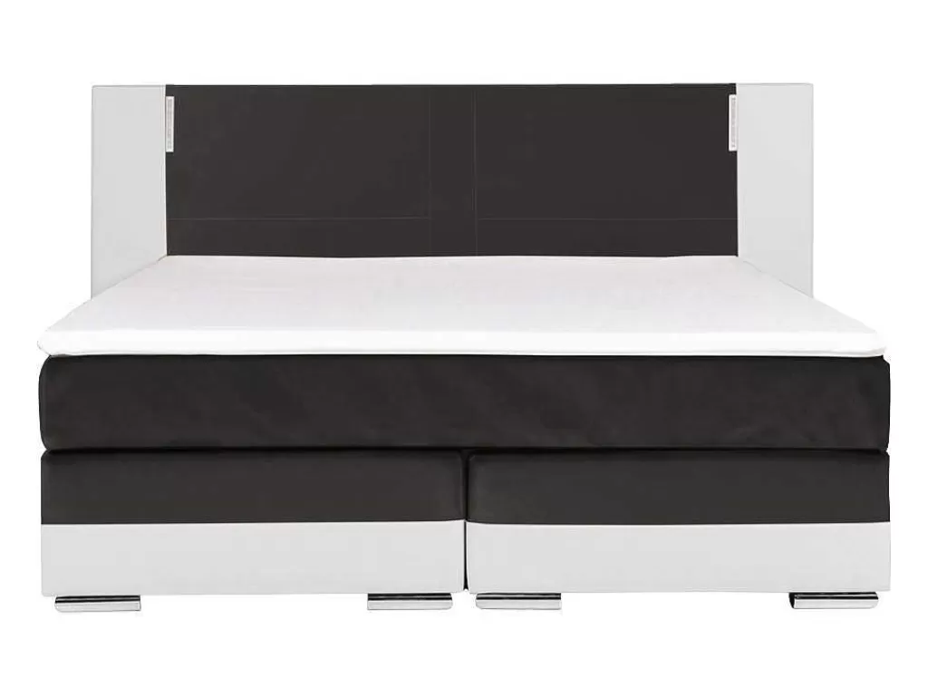 Cama Boxspring, Cama Continental*Ysmée Conjunto Boxspring Completo Cabeceira Com Leds + Sommiers + Colchão + Sobrecolchão Asti De Ysmee - 180 X 200 Cm - Pele Sintética - Branco E Cinza