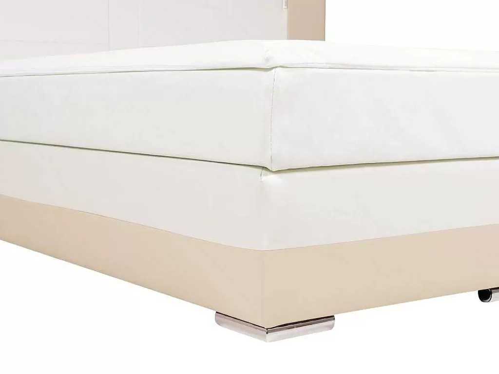 Cama Boxspring, Cama Continental*Ysmée Conjunto Boxspring Completo Cabeceira Com Leds + Sommiers + Colchão + Sobrecolchão Asti De Ysmee - 180 X 200 Cm - Pele Sintética - Creme E Branco