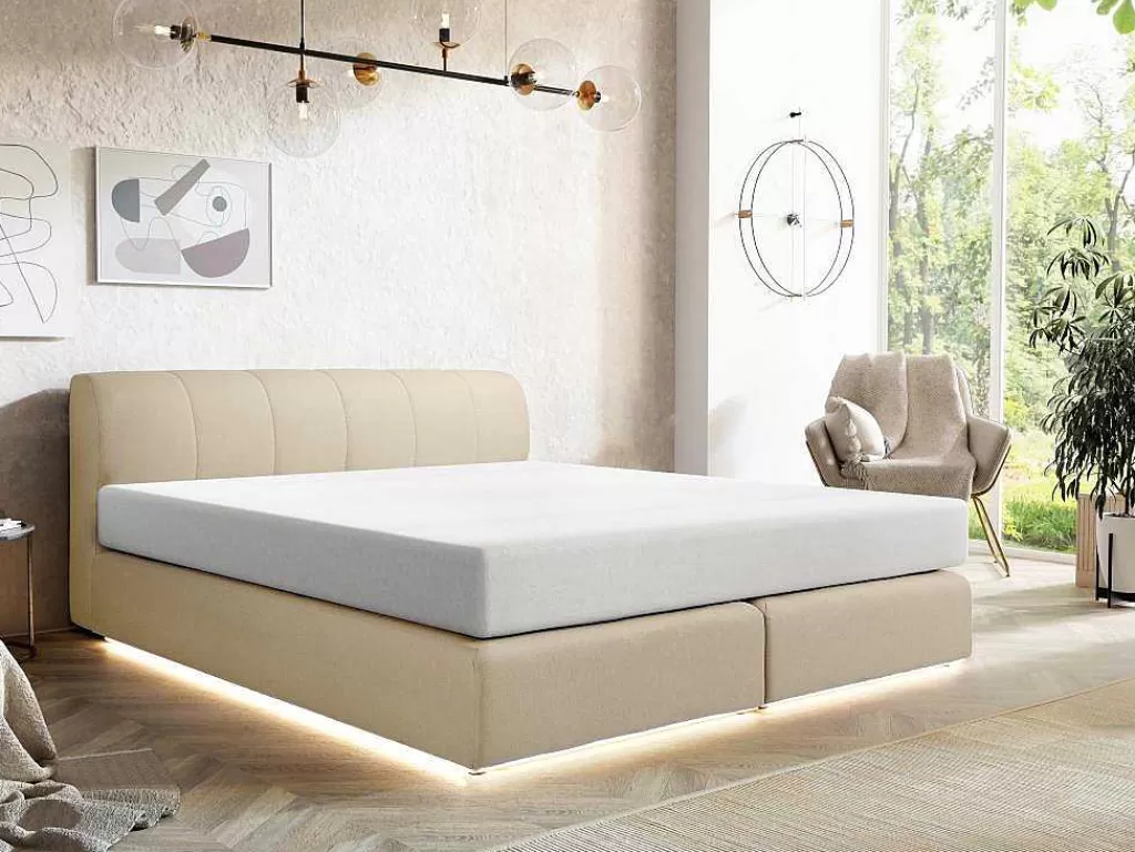 Cama Boxspring, Cama Continental*Ysmée Conjunto Completo Boxspring Cabeceira De Cama + Sommier Com Leds + Colchão 160X200 Cm Tecido Bege - Otaru De Ysmee