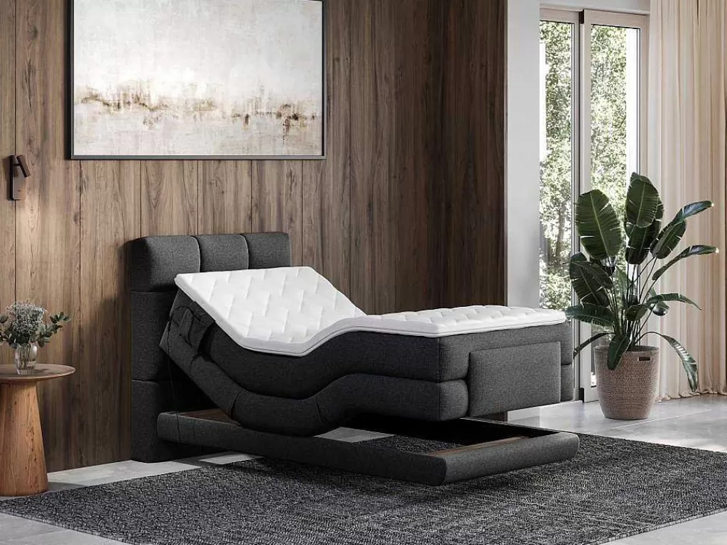 Cama Articulada*Palacio Conjunto Completo Boxspring, Cabeceira De Cama Acolchoada + Sommiers Articulados Eletricos + Colchão 100X200 Cm Tecido Antracite - Lodi Da