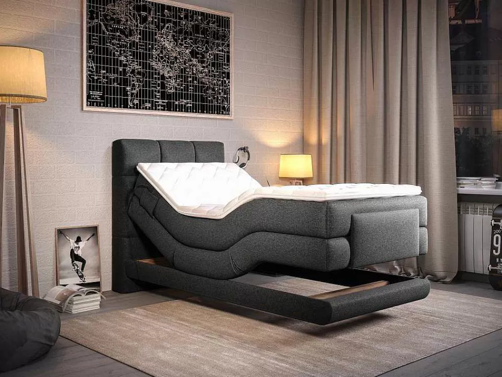 Cama Articulada*Palacio Conjunto Completo Boxspring, Cabeceira De Cama Acolchoada + Sommiers Articulados Eletricos + Colchão 100X200 Cm Tecido Antracite - Lodi Da
