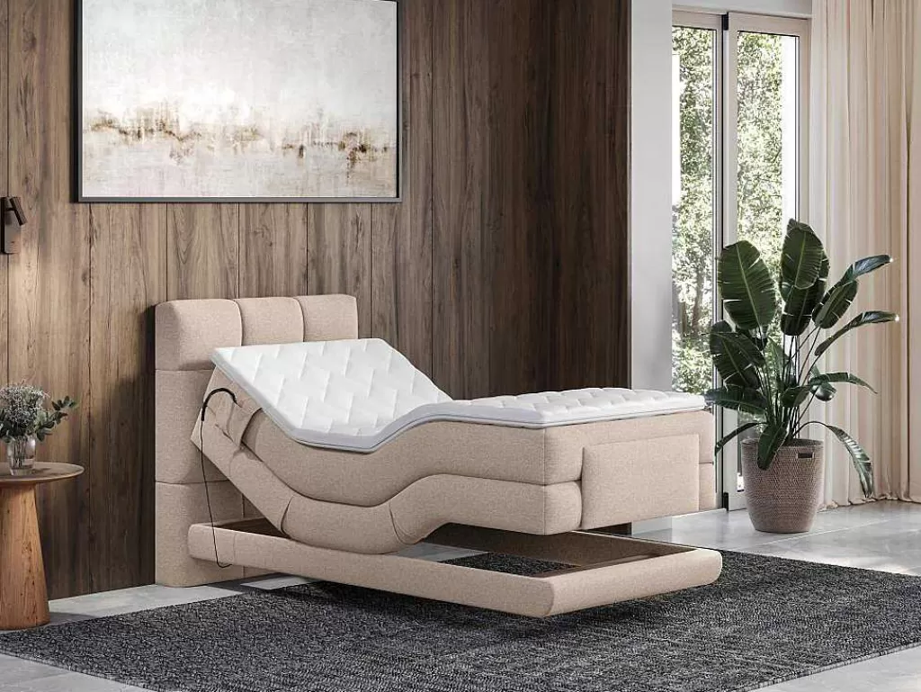 Cama Articulada*Palacio Conjunto Completo Boxspring, Cabeceira De Cama Acolchoada + Sommiers Articulados Eletricos + Colchão + Sobrecolchão 100X200 Cm Tecido Bege - Lodi Da