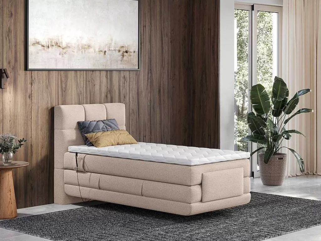 Cama Articulada*Palacio Conjunto Completo Boxspring, Cabeceira De Cama Acolchoada + Sommiers Articulados Eletricos + Colchão + Sobrecolchão 100X200 Cm Tecido Bege - Lodi Da
