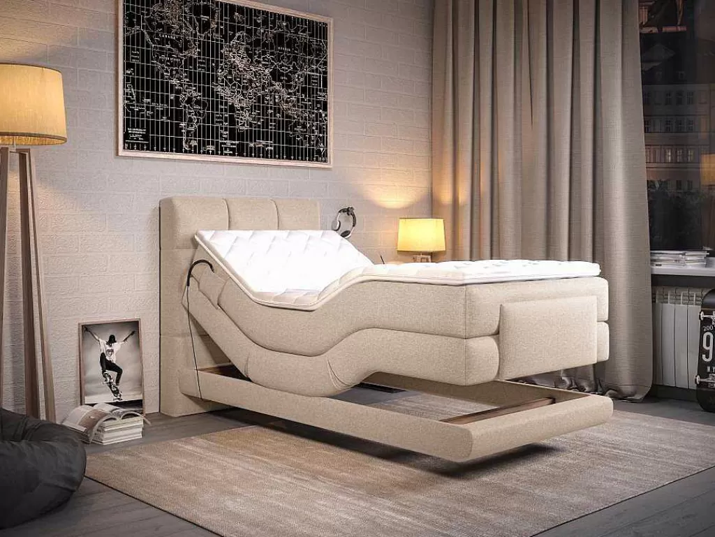 Cama Articulada*Palacio Conjunto Completo Boxspring, Cabeceira De Cama Acolchoada + Sommiers Articulados Eletricos + Colchão + Sobrecolchão 100X200 Cm Tecido Bege - Lodi Da