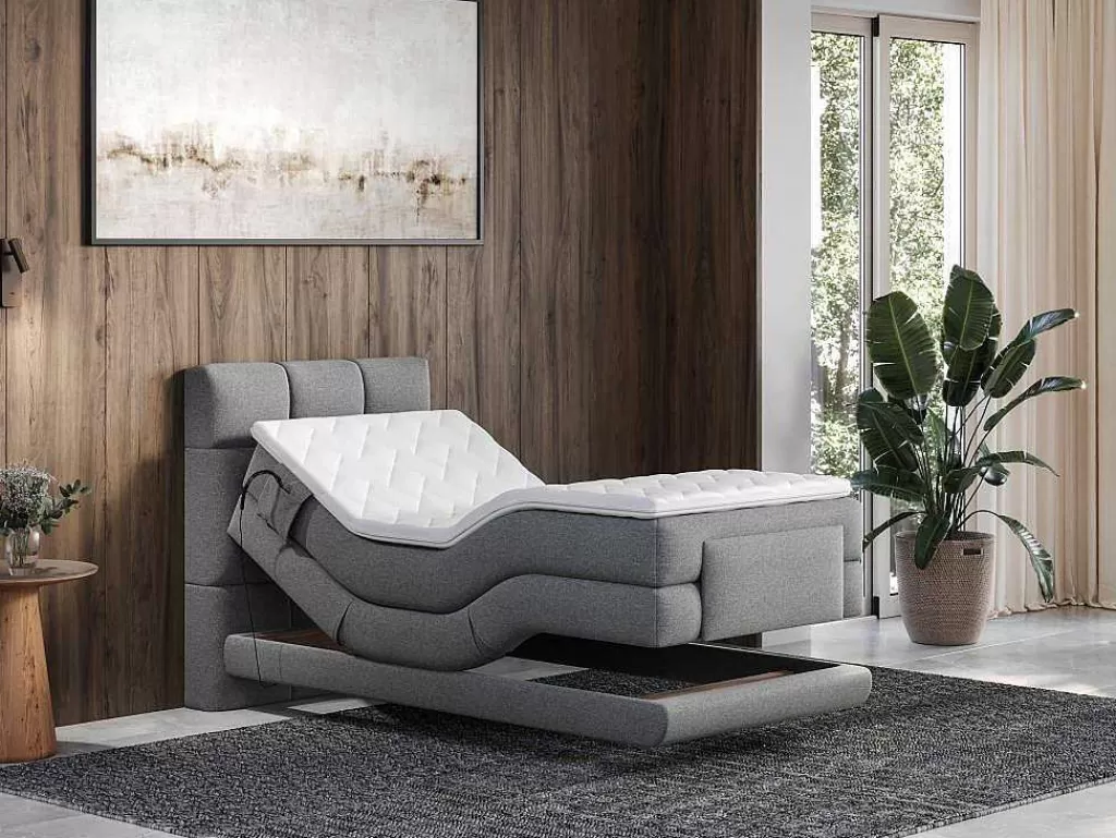 Cama Articulada*Palacio Conjunto Completo Boxspring, Cabeceira De Cama Acolchoada + Sommiers Articulados Eletricos + Colchão + Sobrecolchão 100X200 Cm Tecido Cinzento-Claro - Lodi Da