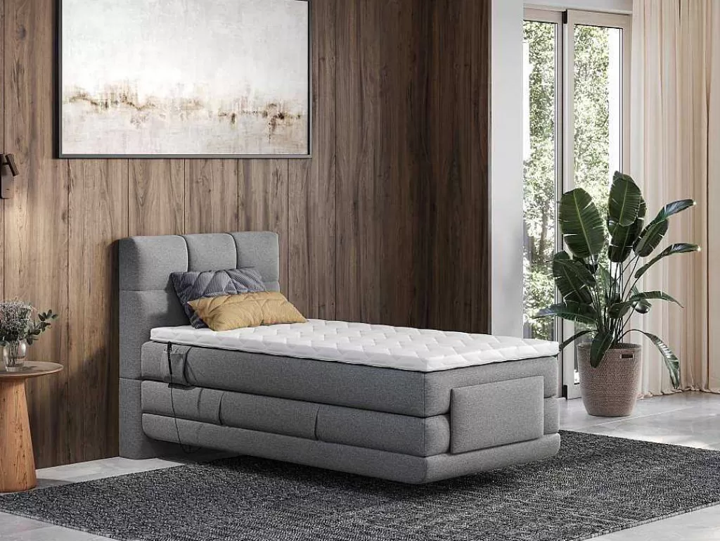 Cama Articulada*Palacio Conjunto Completo Boxspring, Cabeceira De Cama Acolchoada + Sommiers Articulados Eletricos + Colchão + Sobrecolchão 100X200 Cm Tecido Cinzento-Claro - Lodi Da