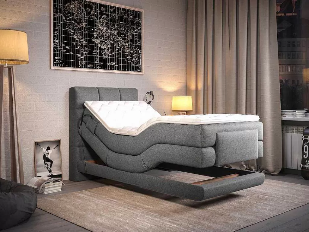 Cama Articulada*Palacio Conjunto Completo Boxspring, Cabeceira De Cama Acolchoada + Sommiers Articulados Eletricos + Colchão + Sobrecolchão 100X200 Cm Tecido Cinzento-Claro - Lodi Da